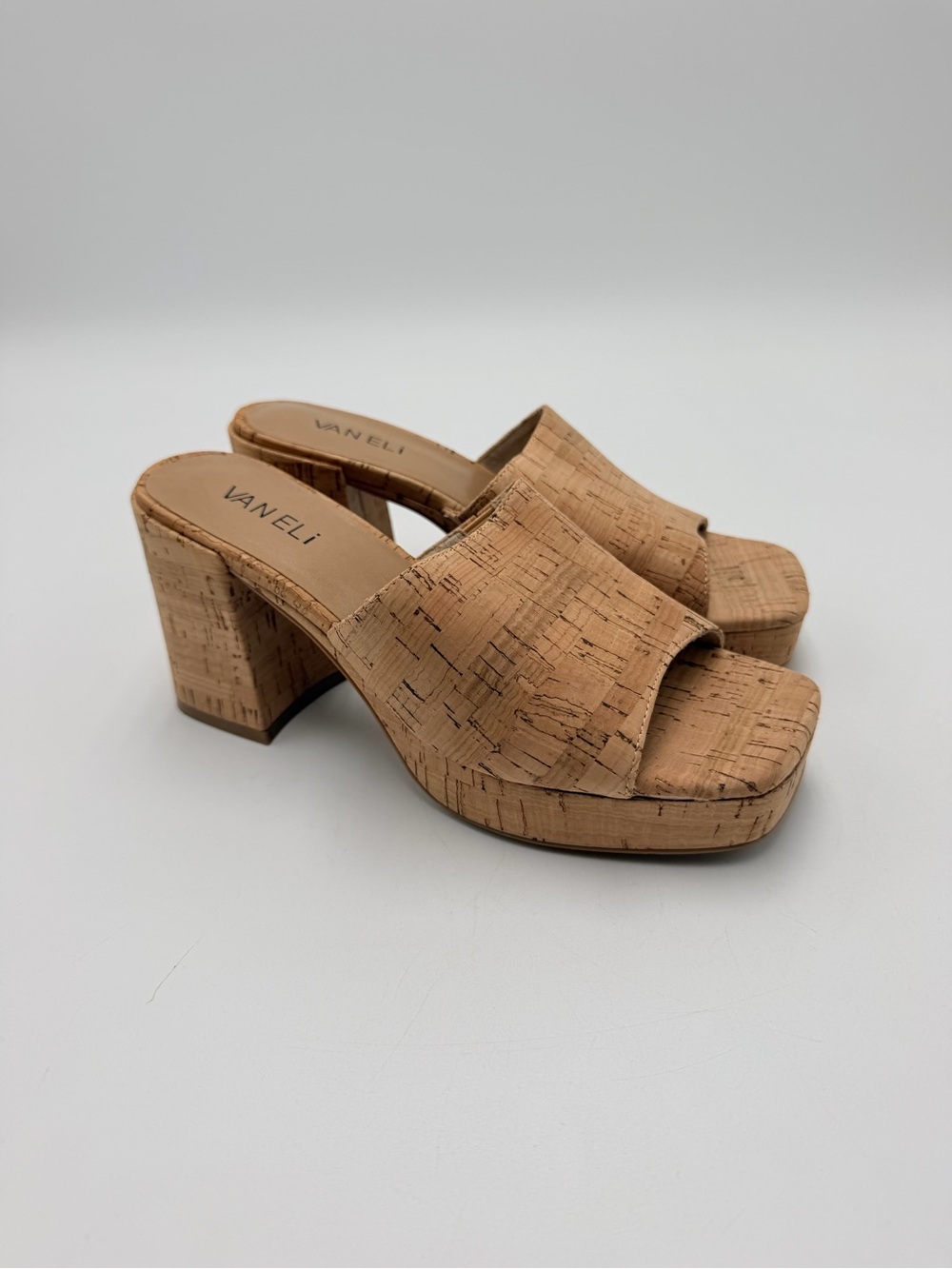 Vaneli Women’s 6M Cork Platform Mules Block Heel Slide Sandals Tan